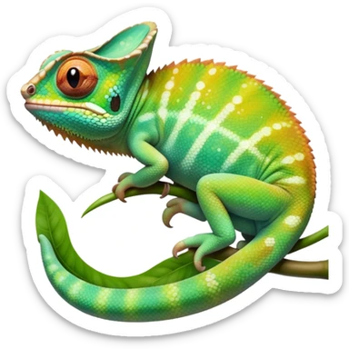 cinematic cute-smiling baby chameleon-realistic emoji,-blending-with-vibrant-greenery.-detailed-scales-in-shifting-colors,-showing-the-chameleon’s-ability-to-camouflage.-soft-natural-light-highlights-its-texture.-light-background, zoomed into its face sticker