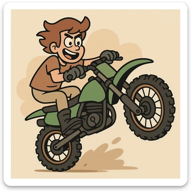 dirtbike performing a wheelie, cartoon style, playful, bold lines, fun character sticker