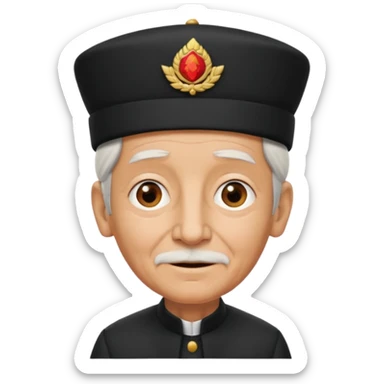 black suited old with fes hat sticker