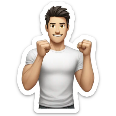 dark haired white young man in white t-shirt raising both fists in victory sticker