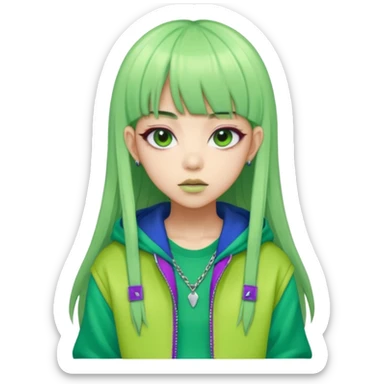  portrait-of-a-green-skin-alien-k-pop-idol,-wearing-a-stylish-streetwear-outfit-with-layered-colorful-clothing,-long-hair-with-bangs,-makeup,- sticker