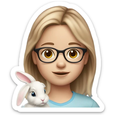 9 year old girl. Light brown medium length hair. Fair skin. Blue eyes. Glasses. Freckles on nose. Light pink lips. Holding white bunny sticker