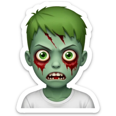 Faça um menino zumbi com a boca meio torta com machucado fo lado da boca camisa branca sticker