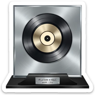A platinum music award plaque: a square, polished platinum plate with a subtly textured, mirror-like finish, mounted on a simple dark metal base. The center features a relief of a or stylized vinyl record in a slightly darker metallic tone.  sticker