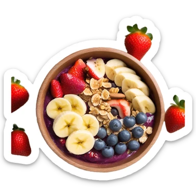 acai bowl in a wood bowl with bananas nutella strawberries granola honey and coconut flakes sticker