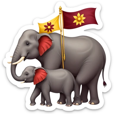 Design a political party flag featuring a horizontal tricolor of red, yellow, and maroon. At the center, place a stylized flower surrounded by 28 stars. Position two majestic elephants on either side of the flower, facing outward sticker