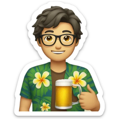 Japanese wearing glasses alohashirt is holding beer sticker