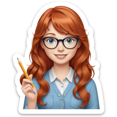 redheaded woman with very long wavy hair and bangs, blue eyes, clear cat-eye glasses, casual chic outfit, holding a pencil, smiling sticker