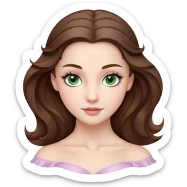 Cinema Realistic Ballerina Portrait, with porcelain-like skin featuring a natural rosy flush, illuminated by soft lighting that highlights the gentle contours of her face. Her Brunette hair flows in soft.Her deep green light eyes radiate framed by arched brows and long lashes. sticker