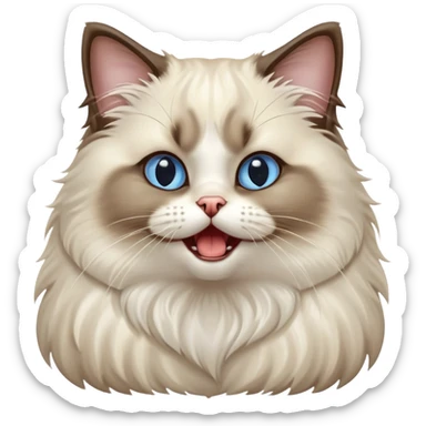 Cinematic-Adorable-Seal-Ragdoll-Cat-Portrait-Emoji – Big-eyed, fluffy Ragdoll cat with a playful head tilt and a cute yawn, soft brown-and-white fur with darker seal points on the ears and face, simplified yet irresistibly cute features, sparkling blue eyes full of mischief, highly detailed with a gentle glow. sticker