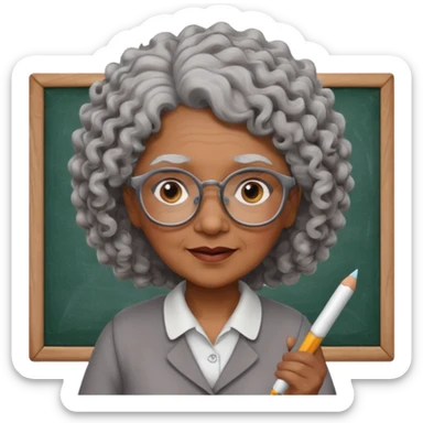 old woman teacher, brown skin, curly grey hai, wearing glasses, hold chalk on hand sticker
