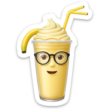 banana milkshake in a take-out cup with glassess and long lashes and banana on top sticker