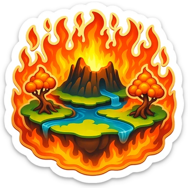 Add much more fire all over the land, maintaining the surreal hell emoji style with transparent background as in the original image. sticker