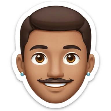 Apple-style cartoon emoji of a floating head only, young man with medium brown skin, mixed-race ethnicity, long dark brown hair with PERFECT MIDDLE PART exactly centered, mustache separated from goatee, medium brown eyes, small diamond stud earrings, absolutely no neck or shoulders visible sticker