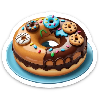 Monster donut with chocolate icing, there are drawn cookies and beautiful icing drawings on a white plate good quality sticker