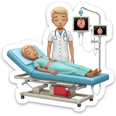A patient lying on a medical examination bed with eyes closed, seen in a wider, full-body view, preparing to undergo a colonoscopy procedure in a clean hospital environment. sticker