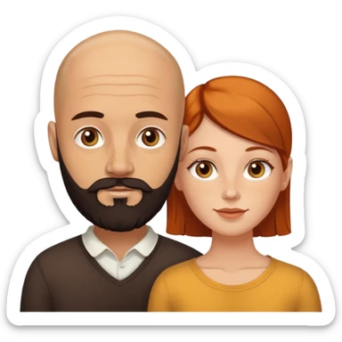 Couple. Bald man with dark brown-black beard. White woman with many small, faded freckles, white skin and she has auburn-yellow-brown-caramel, dark hair. She has light orange-brown eyes. The man have hazel eyes. Retro style. sticker