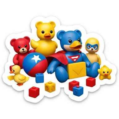 various colorful toys scattered together - teddy bear, rubber duck, toy blocks, ball, and action figures sticker