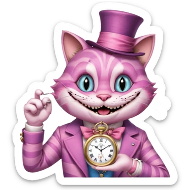 Cheesier cat from Alice in wonderland pointing at a pocket watch wearing a hat sticker