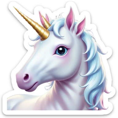 Cinematic Comical White Unicorn Portrait Emoji, Head tilted dramatically with an exaggeratedly amused expression, featuring a slender, radiant form with a playfully sparkling horn and wide, comically expressive eyes full of enchanting disbelief, Simplified yet hilariously expressive features, highly detailed, glowing with a slightly sassy magical glow, high shine, dramatic yet playful, stylized with an air of cheeky mythic mischief, soft glowing outline, capturing the essence of a meme-worthy white unicorn that looks ready to prance its way into viral fame! sticker