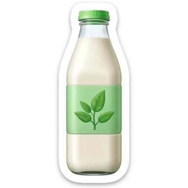 A 3D cartoon bottle of plant-based milk identical to dairy milk, small green tint or leaf mark, Memoji-style. sticker