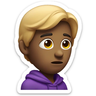 A sad 3D character with slouched shoulders, a downcast gaze, and a frown. Teardrops on the face, with a purple color theme emphasizing the melancholic mood, as if in a portrait photo sticker
