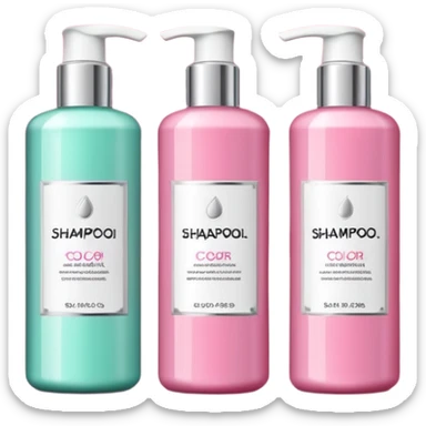 products on a shelf, there are Shampoo bottle, color tube, and conditioner on a pink shelf, the products are luxury brand-labeled and have nice packaging sticker