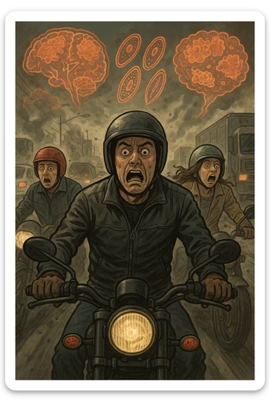 motociclisti spaventati perchè stanno per avere incidente a causa dell'infezione Toxoplasma che altera le loro menti sticker