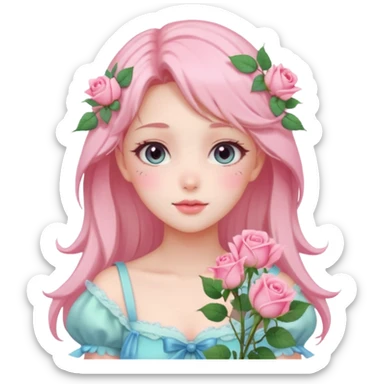 gorgeous pastel anime style lady with blushing face and roses cottagecore fairy sticker