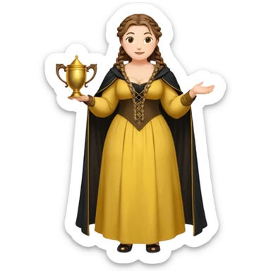 Helga Hufflepuff,brown-haired,2 braids,yellow-black medieval open dress,deep neckline,fat macromastia,black cloak decorated with gold braiding,gold cup with two handles,very kind smile,curvy busty sweet woman,round rosy cheeks,full length with medieval shoes sticker