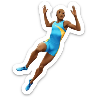 An icon featuring a combination of athletic disciplines: a sprinter dashing down the track, a high jumper clearing the bar, a javelin thrower in action, and a long jumper mid-air. The background shows a vibrant stadium with cheering crowds, bright lights, and a clear sky. sticker