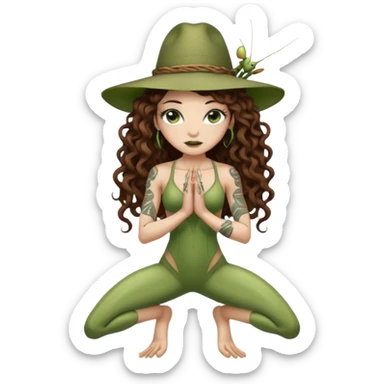 full body woman long curly brown hair brown eyes white skin tattoos muscular build praying mantis hat couture sticker