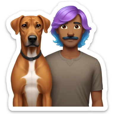 white man with rainbow colored hair and curled mustache standing alongside a brown rhodesian ridgeback dog sticker