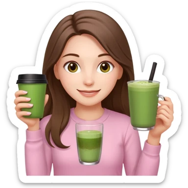 happy white long brunette hair girl with hazel eyes wearing light pink who is holding matcha sticker