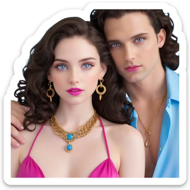 attractive couple embracing in romantic pose, woman with big blue-grey eyes, long lashes, pale skin, pink lips, long voluminous dark brown curls, gold hoop earrings, revealing silky halter top close to handsome man with intense blue-grey eyes, chiseled features, pale skin, confident smirk, dark brown styled hair, gold chain, revealing open shirt, faces close together sticker
