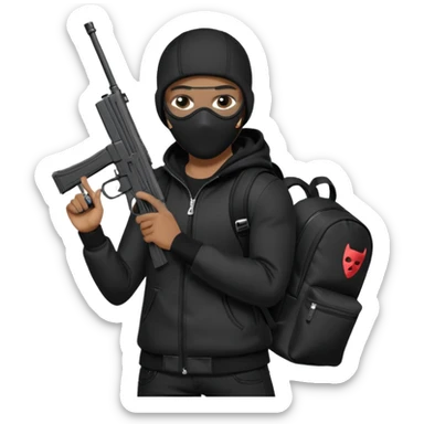 YN wearing a ski mask, holding a gun, all black fit, black jeans, Sprayground bookbag, confident stance sticker