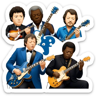 Icon for Blues Music: close-up collage of legendary blues artists. Gary Moore, Eric Clapton, B.B. King and Joe Cocker. Represented by silhouettes or symbolic items like guitars, microphones, or music notes, reflecting the soulful energy of blues music. Transparent background. sticker
