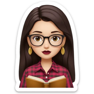 generate a pretty bratz girl with black small square spectacles, dark lipstick, gold stud earrings, a brown gingham shirt, books in hand, dark brown straight long hair, eyeliner on sticker