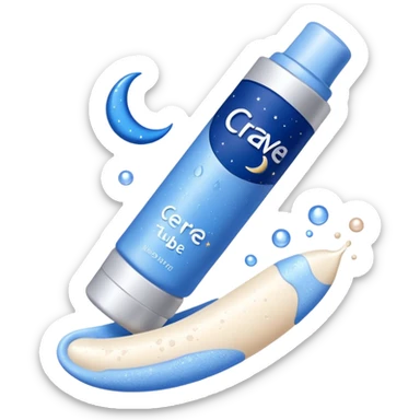 Small white CeraVe tube with blue label soft beige tip, with gentle light. Surrounded by tiny floating tear-shaped sparkles and crescent moon dust, hinting at dark circle repair. Emits a soothing blue-beige aura like a targeted eye revival spell. Compact, calming, and luminous — emoji-style. sticker