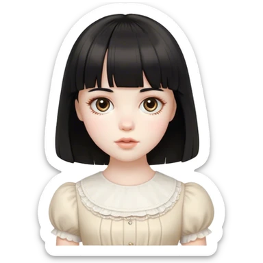 a very pale white feminine girl with medium black hair with bangs with big light brown eyes looking like a porcelain doll  sticker