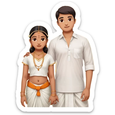31 years young and small Brahmin boy with traditional formal cotton shirt and cotton lungi is pleasent peaceful thankful to 18 years young and fat and tall Brahmin girl with the complete decoration of bharatanatyam as godess lakshmi devi. sticker