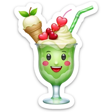 Create an emoji with a clear rounded glass, bright transparent green soda, vanilla ice cream scoop, two red cherries, pink heart-shaped straw, simple shapes, bright colors.
 sticker