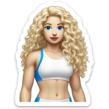 hyperrealist white long curly blonde hair blue eyes girl with white sports bra tight swim suit and sneakers facing towards camera sticker