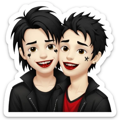 Laughing pale Goth boy with a bunch of face piercings, with shaggy dark brown hair, and messy black eyeliner , smudged, red, lipstick , kissing tan boy with long black hair  sticker