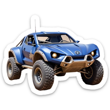 Mandalorian evil darkly night blue Dirty and dented Local Motors Rally Fighter off road race car hot rod meets 2013 Toyota 86 trophy truck-style basher flying on a dusty road (silver wheels) sticker