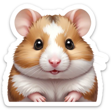 Cinematic Cute Brown and White Banded Hamster Portrait Emoji, Head tilted playfully and inquisitively, showcasing a fluffy fur with playful brown and white banded patterns, round, sparkling dark eyes filled with curiosity, Simplified yet irresistibly adorable features, highly detailed, glowing with a warm, friendly glow, high shine, affectionate and lively, stylized with a touch of whimsy, bright and endearing, soft glowing outline, capturing the essence of a mischievous yet loving hamster, so playful it feels like it could dash out of the screen and into your arms! sticker