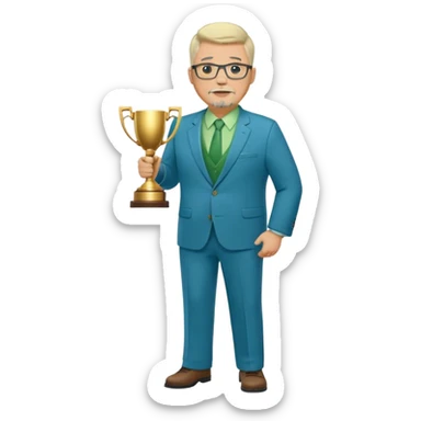 Full Body white middle aged male plus size wearing glasses with a goatee with light blonde and gray very short hair basketball head Coach in blue and green suit holding trophy sticker