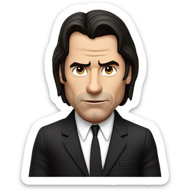  John Travolta's character from Pulp Fiction. The figure should have a puzzled expression, with slightly raised eyebrows and an open hand gesture.  the character should wear a black suit with a white shirt.  sticker