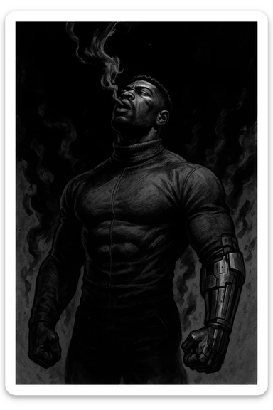 Black and white comic book panel of an extremely muscular African American man with cybernetic implants standing in the dark, surrounded by smoke. He is wearing a long-sleeved shirt with a high collar, and his chest is sculpted. sticker