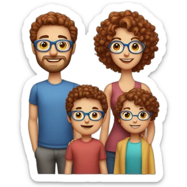family of four father with gray hair mother with red curly hair and blue glasses son with brown hair and little daughter with curly brown hair sticker
